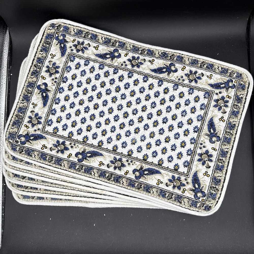 Williams Sonoma Quilted Marseille Placemats S/7 French Paisley Navy & White